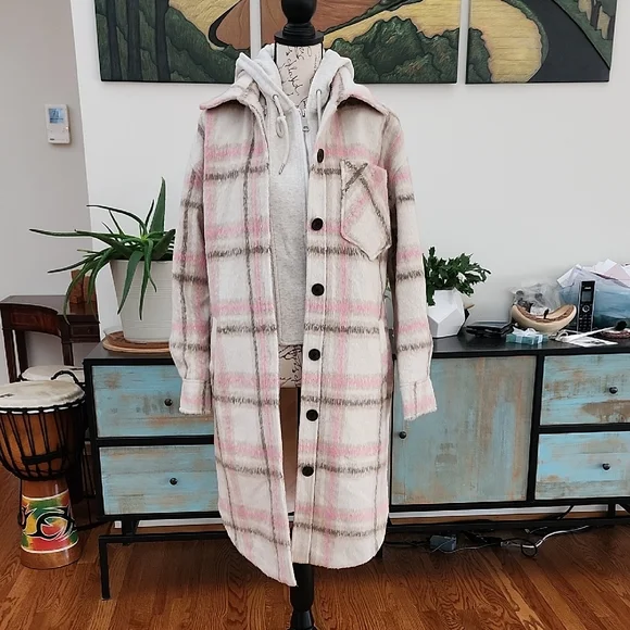 NEW - 7 FOR ALL MANKIND Pink & Cream Plaid Shacket Duster Coat - Picture 1 of 13